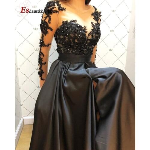 Long Sleeves Lace Applique Beads Evening Dress with Pockets 2020 O-Neck Black Satin A-line Formal Party Gowns
