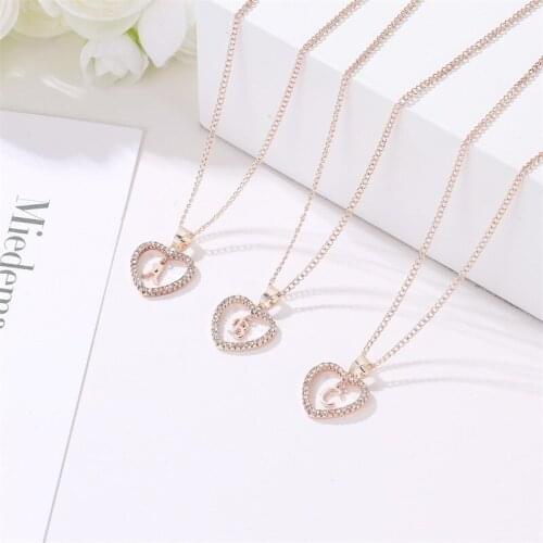 Rose Gold Color Name Letter Heart Crystal Charms Necklaces Pendant 26 Capital A to Z Women Clavicle Chains Link Choker Jewelry