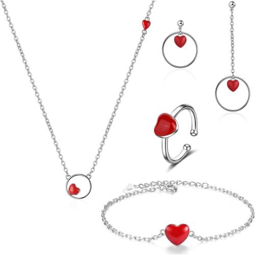 925 Sterling Silver 4 type Red Heart Necklace/Earrings/Ring/Bracelet For Women Wedding Jewelry Sets