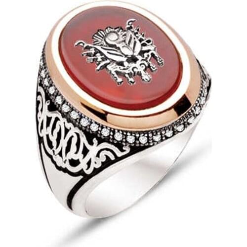 Silver Agate Gemstone Above Crested Male Ring
