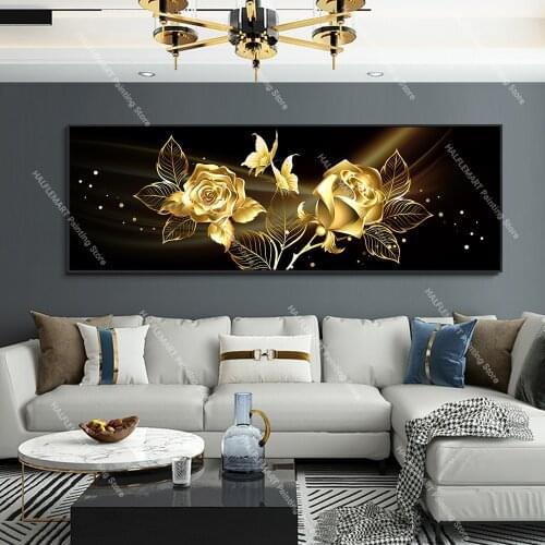 Modern Abstract Oil Painting Print on Canvas Poster Gorgeous Flower Wall Art Gold Rose Canvas Art Picture for Living room Decor