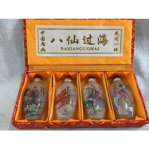 4pc Chinese collection The Eight Immortals crossing the sea painting glass SNUFF BOTTLE-painting home decoration SNUFF BOTTLE