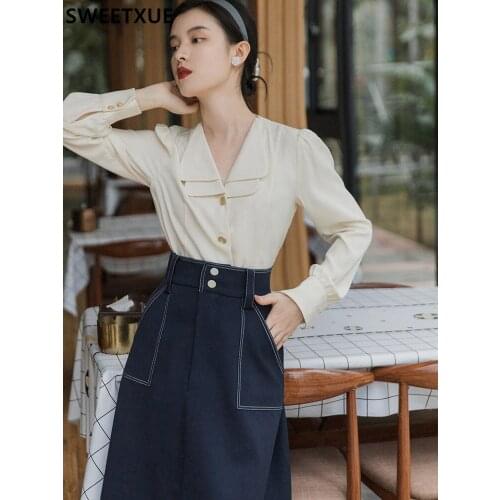 SWEETXUE Temperament OL Womens Blouse With Skirt Two-Piece Suit V-neck Single-breasted Tops And A-line Skirt Female Korean Sets
