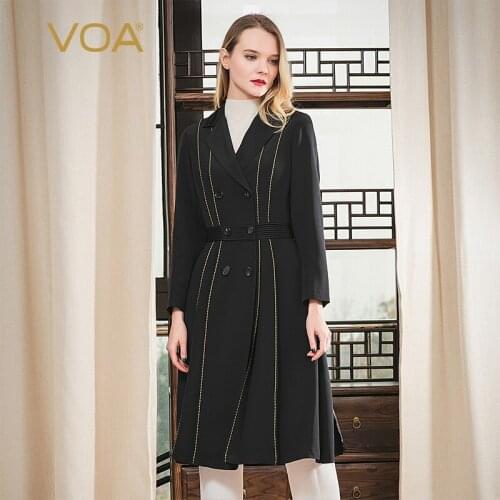 VOA Silk 36m/m Heavy Flat Lapel Pleated Gold Arch Needle Long and Straight Hanging Spring Windbreaker Coat Female F657