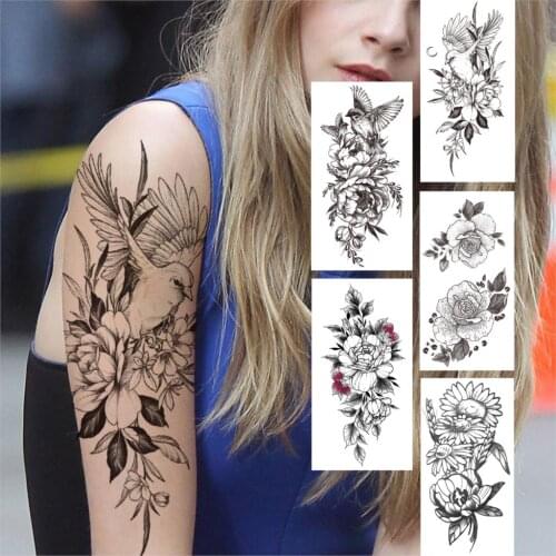 Bird Flower Temporary Tattoos For Adults Women Girls Dahlia Orchid Rose Peony Tattoo Sticker 3D Bouquet Fake Tatoos Paper