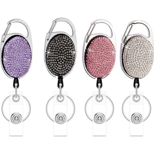 Retractable Badge Holders with Bling Rhinestones Crystal, Badge Reel with Belt Clip and Key Ring
