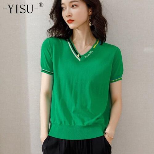 YISU stripe Print T Shirt Women 2020 Summer Fashion Short Sleeve Casual V-neck Tshirts Knitted pullover Ice silk T Shirt Women