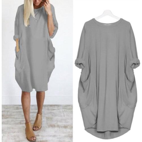 Women Oversized Dresses Long Sleeve Solid Tunic Dress Plus Size Pullover Shirt Dress Baggy Pockets Midi Dress S-5XL