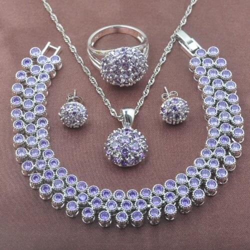 Purple Crystal Womens Jewelry Sets Silver Color Bracelet Necklace and Earrings Ring Set Best Wedding Gift YZ0549