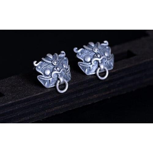 Bibi Auxiliary Guardian Beast Retro 925 Sterling Silver Old Wind Stud Earrings Men and Women Personality Lion Head Ring Ear Jewe