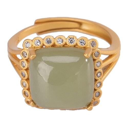 S925 sterling silver gold-plated natural Hetian gray jade ring fashionable temperament geometric-shaped womens open ring