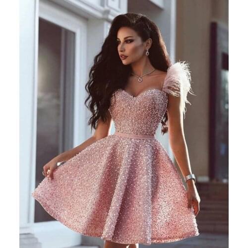 2020 Pink A Line Evening Dresses One Shoulder Prom Dress Pearl Feather Rhinestone Short Special Occasion Dresses