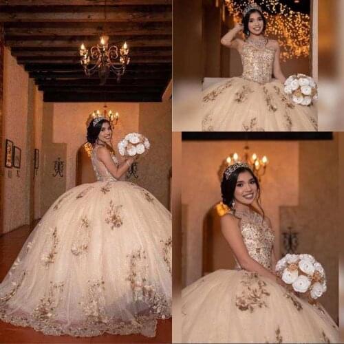2022 Elegant Beaded Lace Gold Quinceanera Prom Dresses Sheer Neck Tulle Sexy Ball Gown Evening Party Sweet 16 Dress robobes de