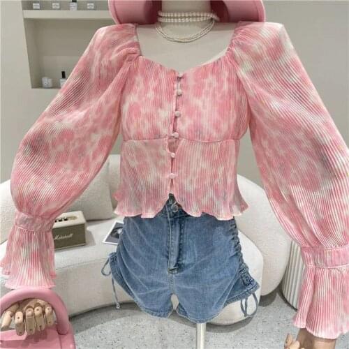 New Pleated Floral Print Chiffon Short Shirts Blouses Women Long Sleeve Korean Fashion Crop Top Slim Beach Holiday Blusas Mujer