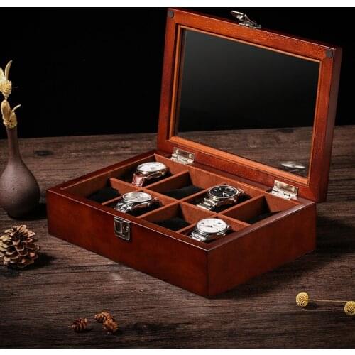 Wooden Watch Storage Box with Glass Cover Retro Style Watch Display Box Household Tabel Organizer