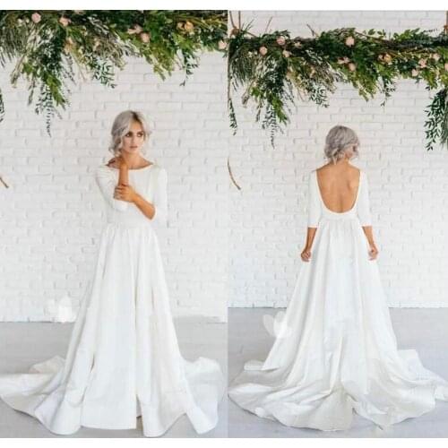 Cheap Simple Boho A Line Wedding Dresses Scoop Neck Backless 3/4 Long Sleeve Satin Beach Wedding Dress Bridal Gowns Vestios De