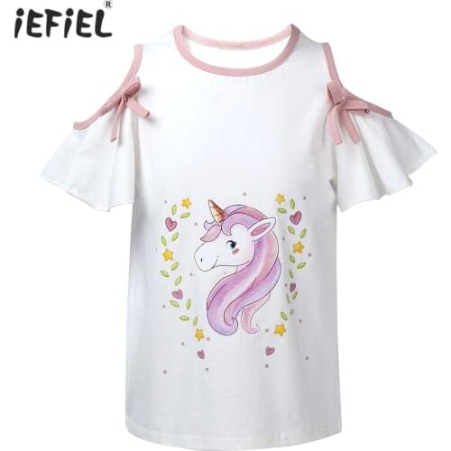 Children T Shirts Summer Cotton Princess Girls T-shirt Fashion Off Shoulder Short Sleeves Cute Cartoon Print Tops Kids Clothes