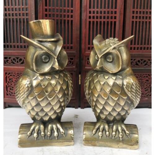 China archaize Brass owl crafts statue A pair