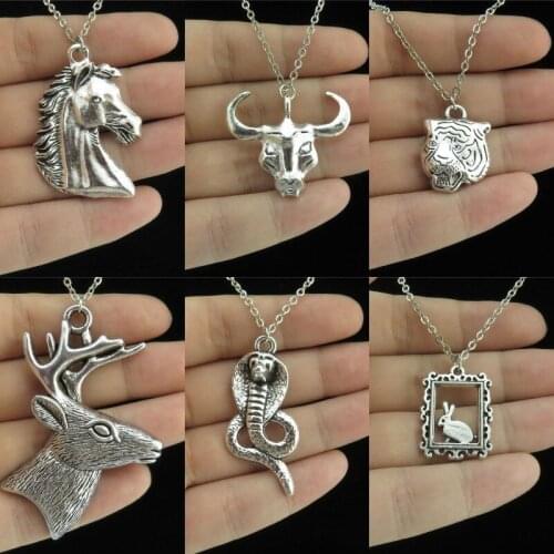 GLOWCAT Q4A83 Alloy Cow Horse Head Bear Snake Cobra Deer Animal Pendant Charms Chain Necklaces Jewelry Supplies