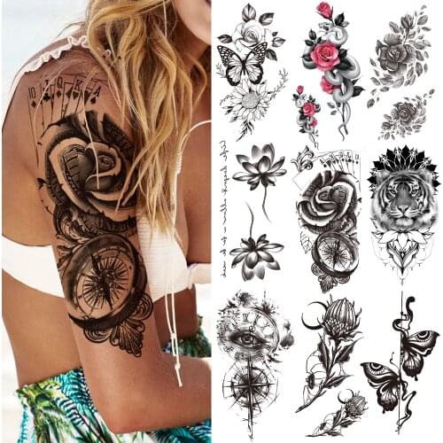 Compass Rose Flower Temporary Tattoos For Women Girls Black Lotus Butterfly Tattoo Sticker Fake Tiger Diamond Tatoos Half Sleeve