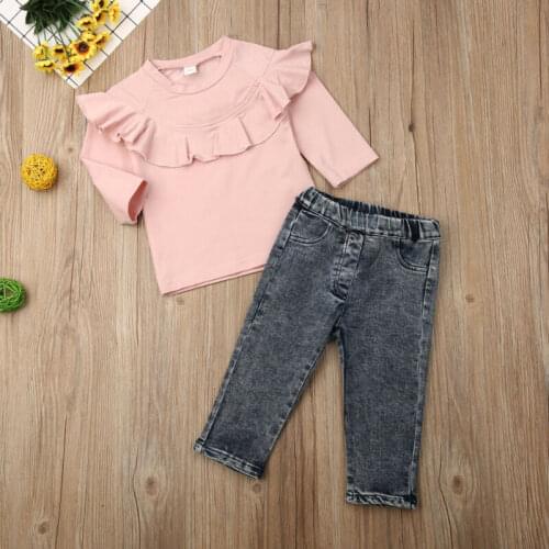 Kid Newborn Baby Girl Contton Ruffles Long Sleeve Denim Trousers Set Outfits Winter Clothes