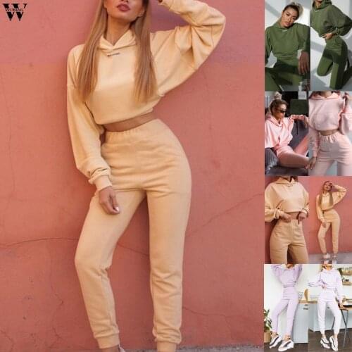 Autumn Winter 2 Piece Set Women Solid Casual Sport Set Women long Sleeve Loose Cropped Tops sweatshirt sweatpant Set outfit pink