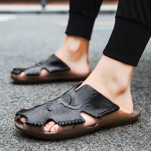 Real Cowhide Mens Slippers Summer Men Outdoors Slippers Wear Home Korean Style