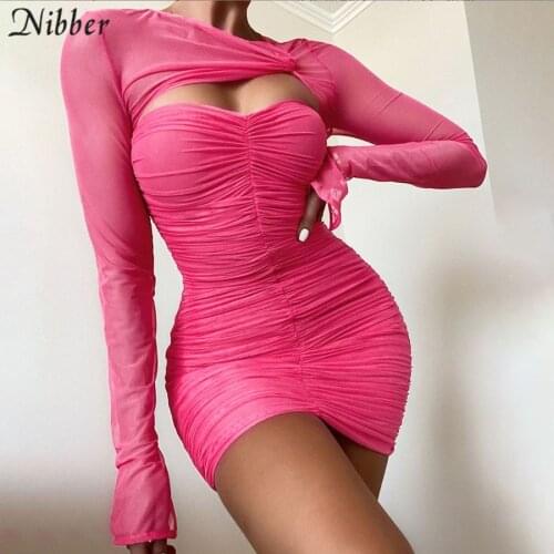 Nibber Fashion Mini Solid Color Dress Asymmetrical Neckline Long-Sleeved Bag Hip Hollow Sexy Design Women Party Night Clubwear