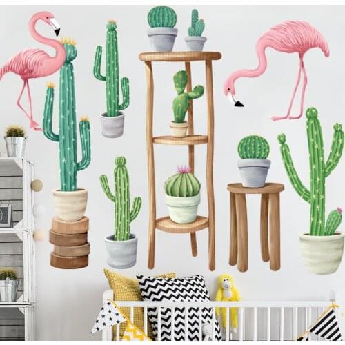 Cartoon Flamingo Nordic Plant Cactus Leaf Living Room Bedroom Entrance Wall Sticker Home Decoration PVC Painting