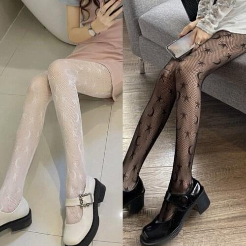 MXMB Women Sexy Fishnet Pantyhose Gothic Punk Moon Star Pattern Jacquard Tights Harajuku Lolita Hollow Out Mesh Stockings