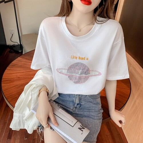 New O-neck Summer Fashion Beading Shirt T Shirt Women Tops Loose Short sleeve Women Tshirt white harajuku t shirt for women
