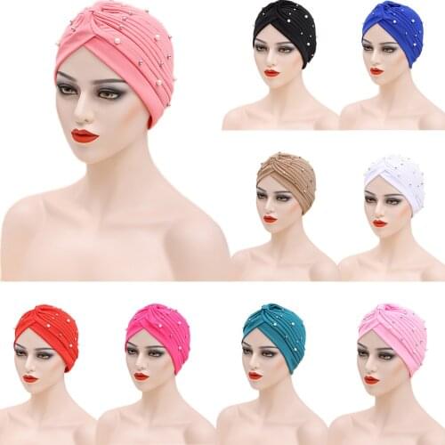 New Muslim Women Hijab Turban Beads Underscarf Bone Bonnet Pleated Chemo Cap Indian Hair Loss Cover Beanie Head Wrap Headwear