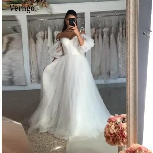 Verngo New 2021 Popular A Line Puff Sleeves Wedding Dress For Bride Simple Tulle Swetheeart Spaghetti Straps Sexy Bridal Gowns