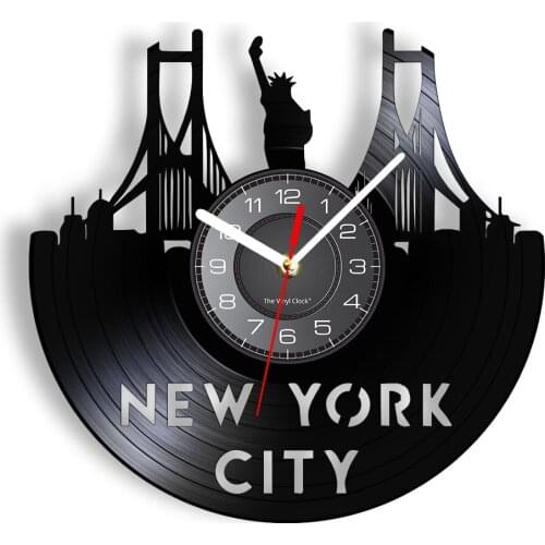 New York Cityscape Modern Wall Clock Made of Gramophone Record Statue of Liberty Landmarks Wall Watch Artwork Traveller Gifts