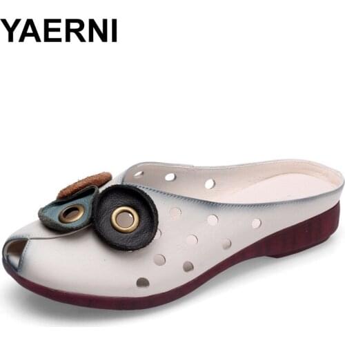 YAERNI2020new genuine leather summer slippers women flat slides retro soft bottom fish mouth without lace women slippers size