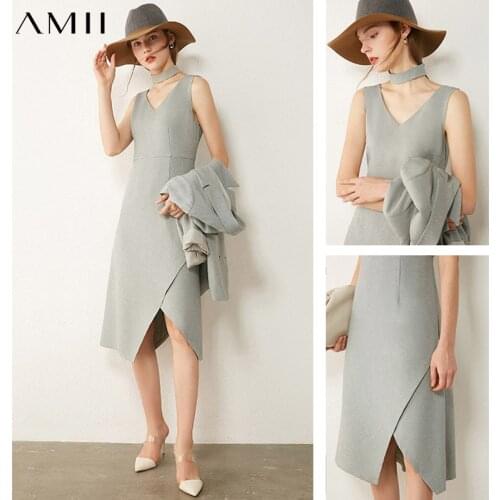 AMII Minimalism Autumn Womens Dress Temperament Vneck Sleeveless Irregular Hem Design Solid Female Dress 12070495
