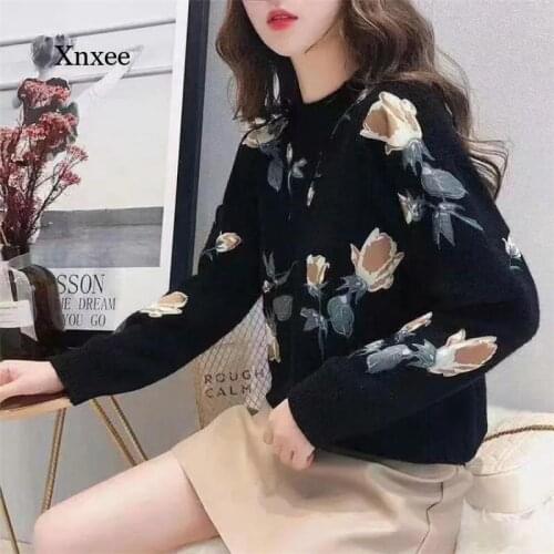 Winter Womens Flower Embroidered Sweater Womens O-Neck Warm Knit Pullover Thicken Long Sleeve Loose Pullover