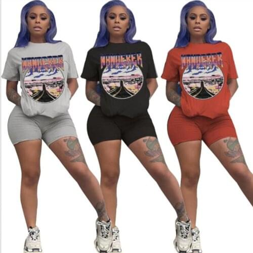 ZKYZWX Plus Size Print Two Piece Tracksuits Women Set Short Sleeve T Shirt Tops Biker Shorts Lounge Wear Summer Matching Sets