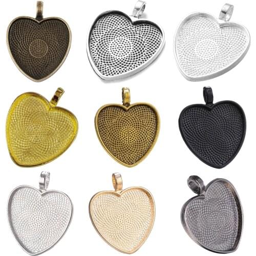 10pcs/set Heart Cabochon Settings Silver Plated Pendants Bezel Trays Base Fit 25mm Glass DIY Necklace Making Supplies