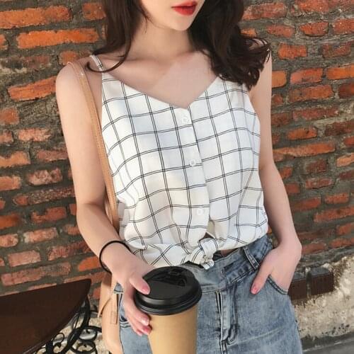 2021 Fashion Plaid Chiffon Tank Top Womens Summer Loose Top Ladies Sleeveless V Neck Shirt Top Female Camisole Party Beach Wear