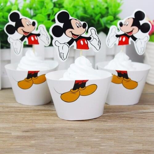 24pcs Mickey Mouse theme cupcake wrappers&toppers kids birthday party supplies cupcake cases cake liner cake decorating supplies