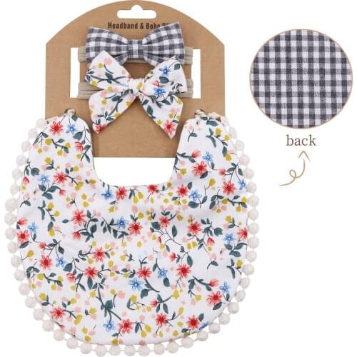 3pcs Lot Nordic Baby Cotton Bib Set With Handband Floral Printed And Plaid AB Side Children Fashion Accessories Saliva Towel