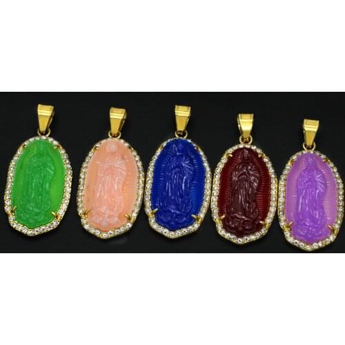 5-color Resin Virgin Mary Pendant Necklace For Women Religious Crystal Zircon Mary Necklaces Stainless Steel Jewelry Party Gift