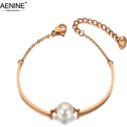 AENINE Rose Gold Stainless Steel White Pearl Charm Bracelets For Women Trendy CZ Crystal Chain Link Bohemia Jewelry AB20104