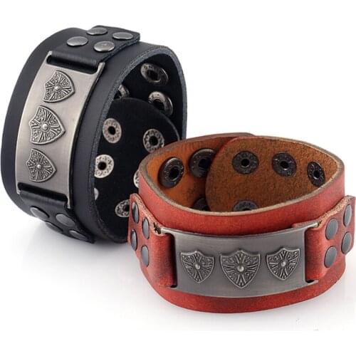Red Unique Design Punk Cuff Bangle Fashion Vintage Charm Brown Rock Genuine Wide Leather Men Bracelets Women Jewelry Accessories