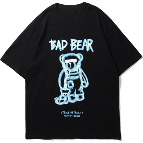 LACIBLE Hip Hop T-Shirt Men Vintage Bad Bear Print Cotton Streetwear Pure Cotton Casual Top T-Shirt Harajuku Men Clothing Black
