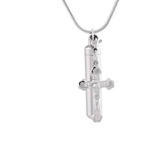IJD9857 Stainless Steel Polish Cylinder With Cross Accessories Cremation Memorial Pendant for Ash Urn Keepsake Souvenir Jewelry