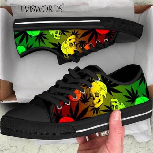 ELVISWORDS Mens Fashion Gradient Skull Shoes Brand Design Weed Skull Pattern Low Tops Canvas Shoes Boys Cool Sneaker Outdoor