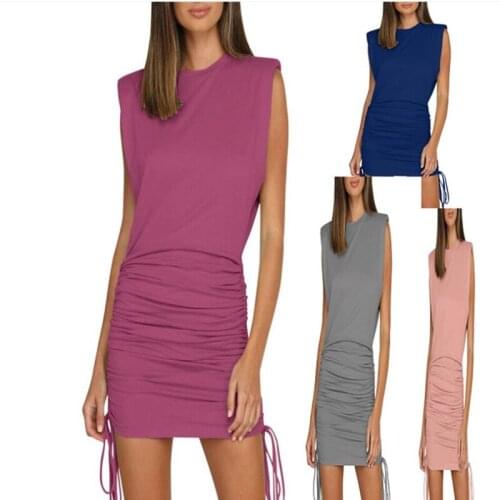 Summer Dress Women Clothing Purple Pencil Dresses Shrinkage Drawstring O-Neck Sleevelss Mini Dress For Women Vestidos Femme Robe