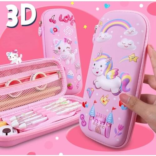 Kawaii Cartoon Soft Cute Unicorn Cat 3D Pencil Case Large Capacity Three-Layer Pen Bag Storage Stationery Box School Supplies